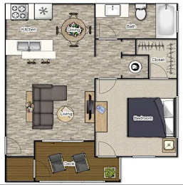 A floor plan of a house with a kitchen, dining room, living room, bedroom, and bathroom.