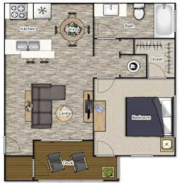 A floor plan of a house with a kitchen, dining area, living room, bedroom, bathroom, and closet.