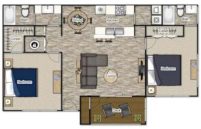A floor plan of a house with a dining area in the middle.