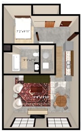 A floor plan of an apartment with a living room, kitchen, and bathroom.