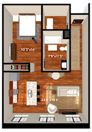 A floor plan of a room with dimensions and furniture layout.