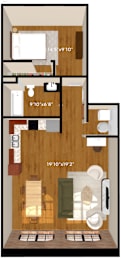 A floor plan of a small apartment with a kitchen, living room, and bathroom.