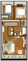 A floor plan of a small apartment with a kitchen, living room, and bathroom.