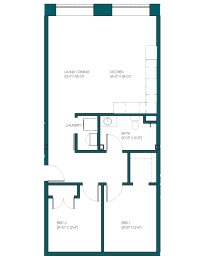 Floor Plan  a floor plan of a unit with a bedroom and a living room and a staircase