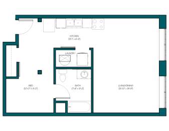 Floor Plan  a floor plan of a small apartment with a bedroom and a living room