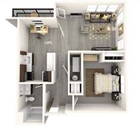 A top-down view of a small, modern apartment with a kitchen, living room, and bathroom.