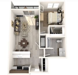 A 3D floor plan of a small apartment with a kitchen, living room, and bathroom.