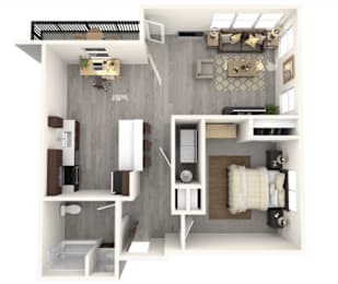 A 3D floor plan of a small apartment with a kitchen, living room, and bathroom.