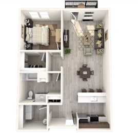 A 3D floor plan of a small apartment with a kitchen, living room, and bathroom.