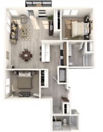 A 3D floor plan of a house showing the layout of the rooms.