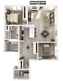 A 3D floor plan of a small apartment with a kitchen, living room, and bathroom.