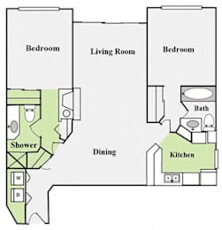 a floor plan of a living room and a kitchen