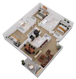 A top-down view of a living room, kitchen, and dining area.