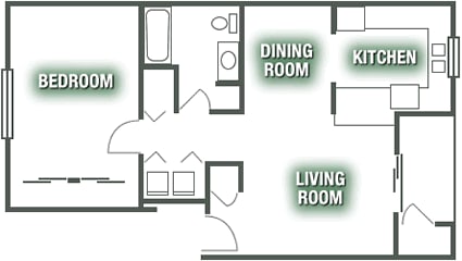 A floor plan of a house with a bedroom, a living room, a dining room, and a kitchen.