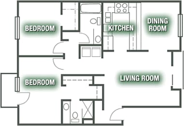 A floor plan of a house with two bedrooms, a living room, a kitchen, and a dining room.