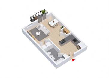 A 3D floor plan of a house with a kitchen, living room, and bathroom.