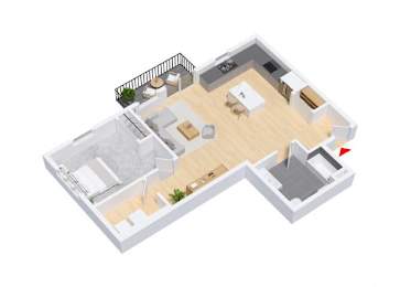 A 3D floor plan of a house with a kitchen, living room, and two bedrooms.