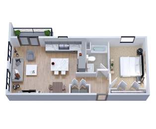 A top-down view of a small apartment with a kitchen, living room, and bedroom.