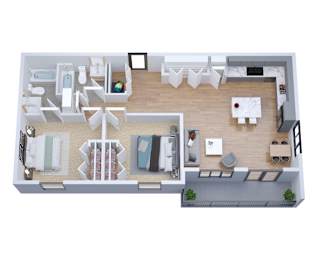 A top-down view of a house layout with a kitchen, living room, and bathroom.