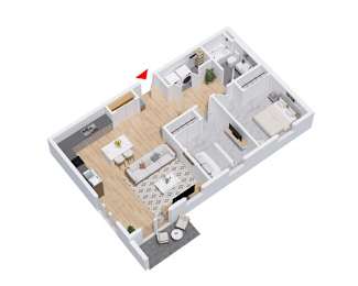 A 3D floor plan of a house with a kitchen, living room, and two bedrooms.