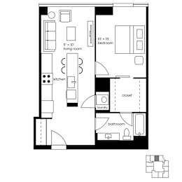 A black and white floor plan of a house with a living room, kitchen, bathroom, and bedrooms.