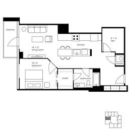 A black and white floor plan of a house with a balcony, living room, kitchen, bedroom, bathroom, and laundry area.