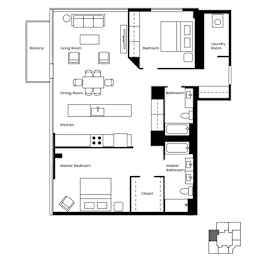 A floor plan of a house with a balcony, living room, dining room, kitchen, two bathrooms, and two bedrooms.
