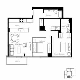 A black and white floor plan of a house with a balcony.