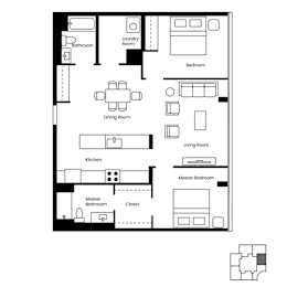 A floor plan of a house with a laundry room attached to the bathroom.