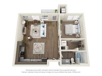 A 3D floor plan of a small apartment with a living room, kitchen, and bedroom.