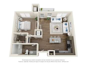 A 3D floor plan of a house with a kitchen, living room, and bathroom.