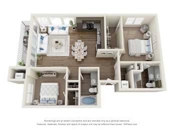 A 3D floor plan of a house with labeled rooms.