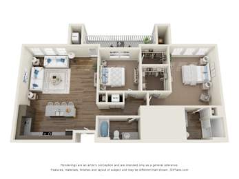 A 3D floor plan of a house with a kitchen, living room, and two bedrooms.