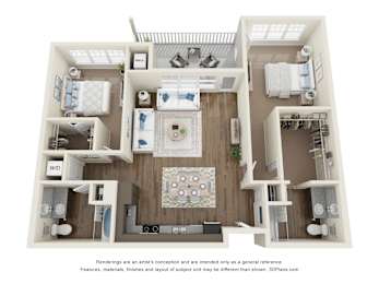 A 3D floor plan of a house with a kitchen, living room, and bathrooms.