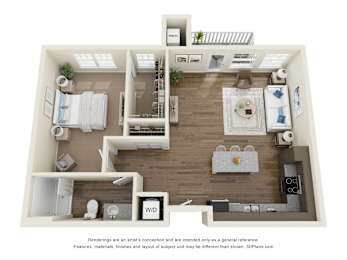 A 3D floor plan of a house with a kitchen, living room, and bathroom.