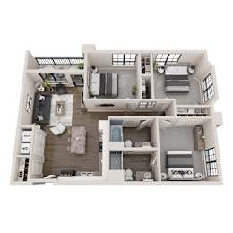 A top-down view of a two-bedroom apartment with a living room, kitchen, and bathroom.