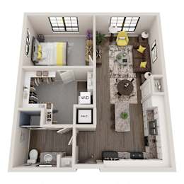A top down view of a small apartment with a kitchen, living room, and bathroom.