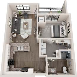 A floor plan of a small apartment with a living room, kitchen, and bathroom.