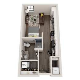 A small apartment with a bedroom, living room, and kitchen area.