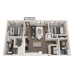 A top-down view of a small apartment with a kitchen, living room, and bedrooms.
