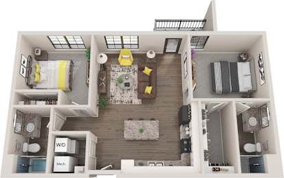 A top-down view of a small apartment with a kitchen, living room, and bedroom.