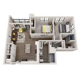 A 3D floor plan of a house with a living room, kitchen, and bathrooms.