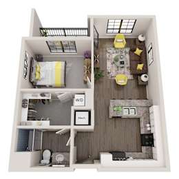A 3D floor plan of a small apartment with a bedroom, living room, and bathroom.