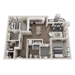 A 3D rendered image of a modern house layout.