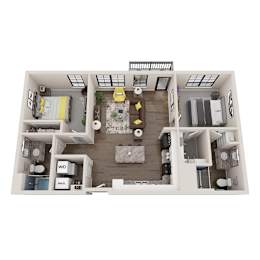 A top-down view of a small apartment layout with a living room, kitchen, and bedroom.