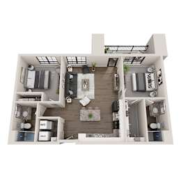 A top-down view of a modern apartment layout with a central living area, bedrooms, and a kitchen.