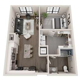A top-down view of a small apartment with a kitchen, living room, and bathroom.