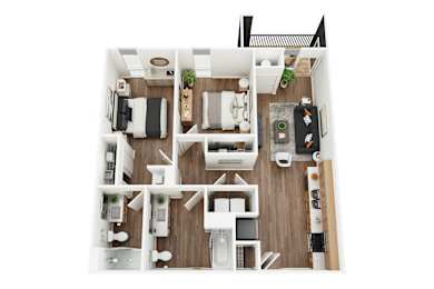 A top-down view of a modern apartment layout with a kitchen, living room, and bathroom.