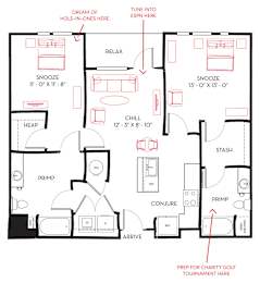A floor plan of a house with a snooze button and a chill area.