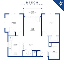Floor Plan  A blueprint of a 2 bedroom 1 bathroom apartment in Beech building.